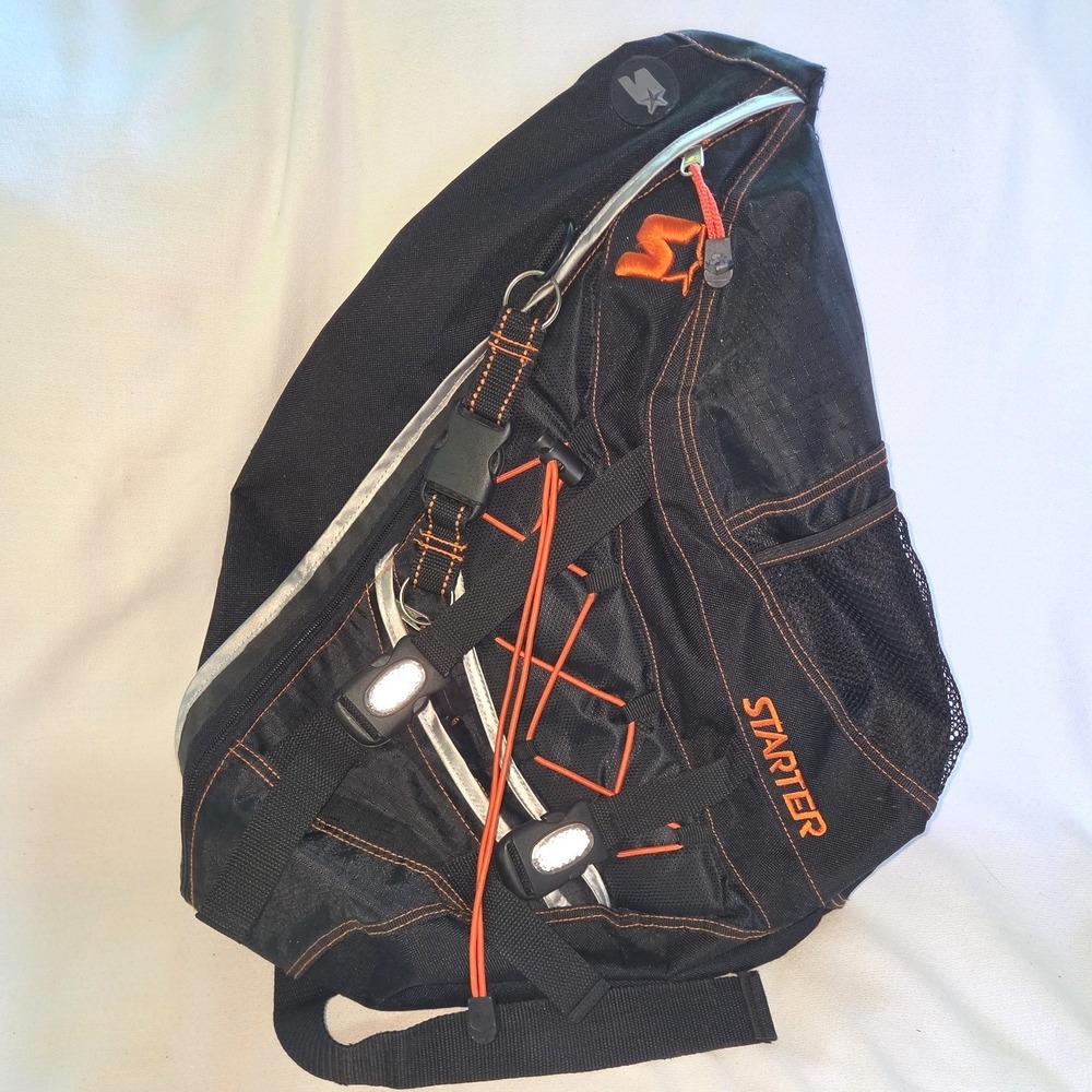 Starter‎ Sling Backpack Black Reflective Orange Stitch Bungee Bag